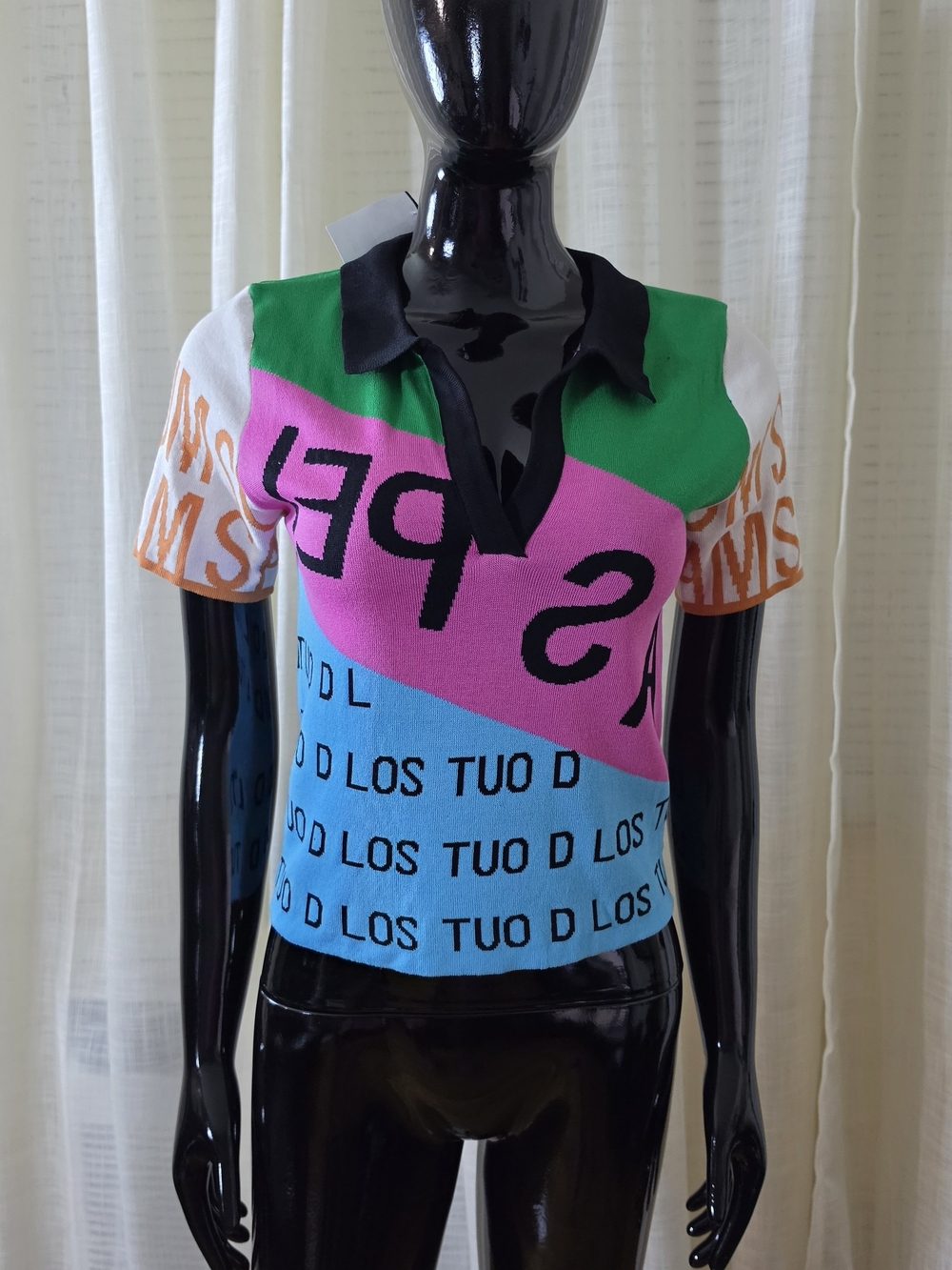 Colorblock Short Polo Crop Top in Green, Pink, Blue